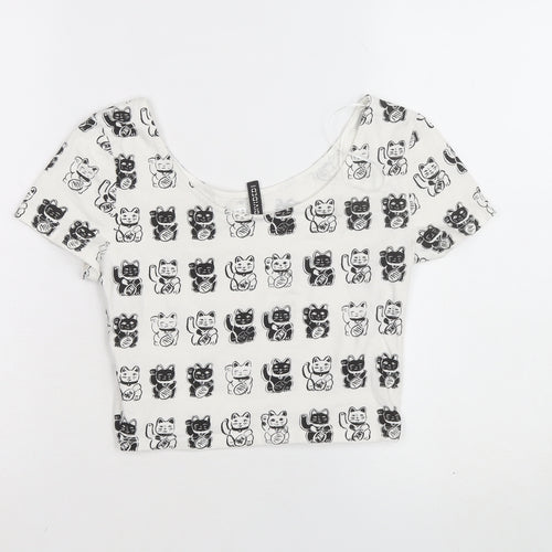 H&M Women’s White Cat Print Cropped T-Shirt Size 8