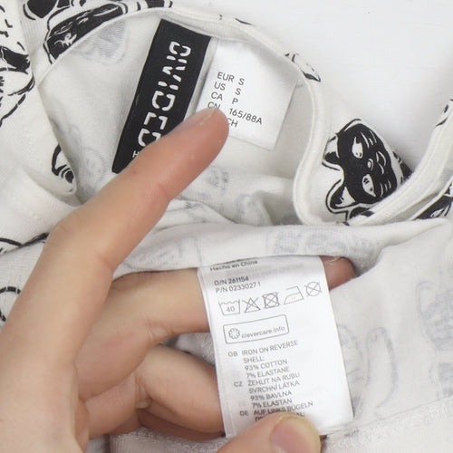 H&M Women’s White Cat Print Cropped T-Shirt Size 8