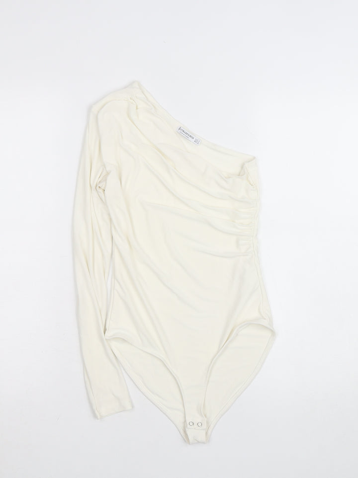 Stradivarius Women Ivory One Shoulder Long Sleeve Bodysuit Size S