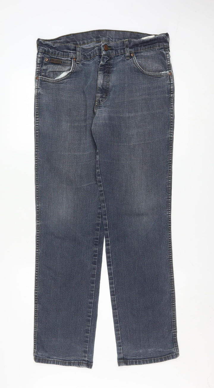 Wrangler Men's Blue Straight Jeans 36W 32L Regular Fit Denim
