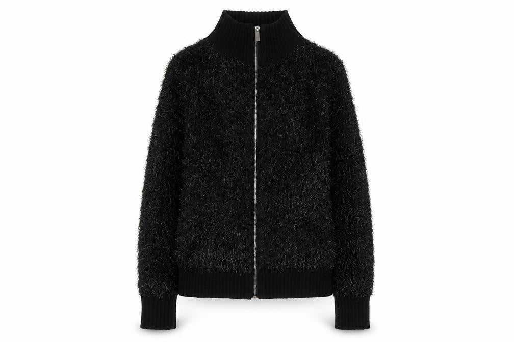 Front view of Oliver Bonas women’s black full zip high neck jumper, size UK 6