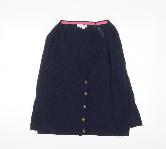 White Stuff Women's Navy Blue Linen Cotton V-Neck Cardigan UK 14