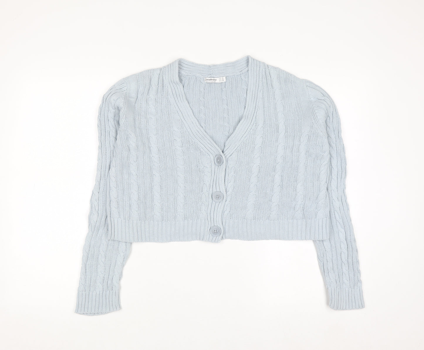 Stradivarius Women's Blue Cotton Cable Knit V-Neck Cardigan Size 12