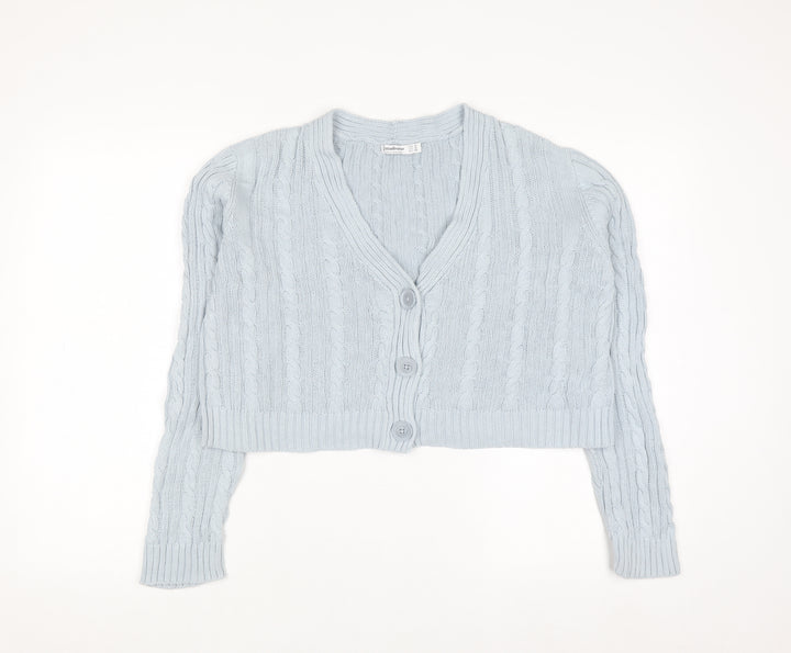 Stradivarius Women's Blue Cotton Cable Knit V-Neck Cardigan Size 12