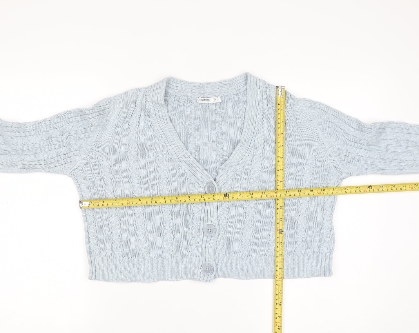 Stradivarius Women's Blue Cotton Cable Knit V-Neck Cardigan Size 12