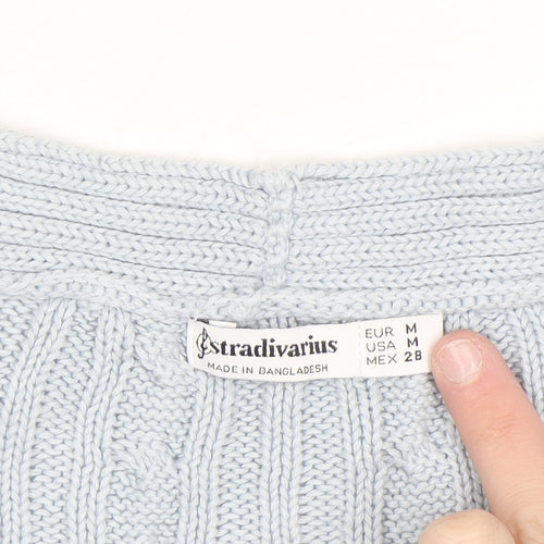 Stradivarius Women's Blue Cotton Cable Knit V-Neck Cardigan Size 12