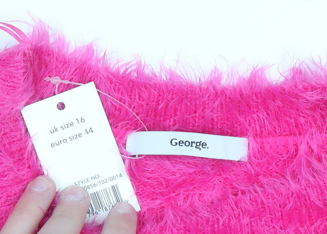 George Women's Pink Fluffy Crew Neck Long Sleeve Jumper Size 16