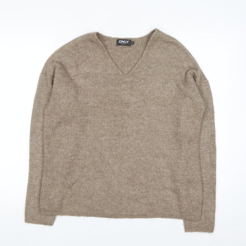 ONLY Womens Beige V-Neck Ribbed Knit Long Sleeve Pullover Jumper XL