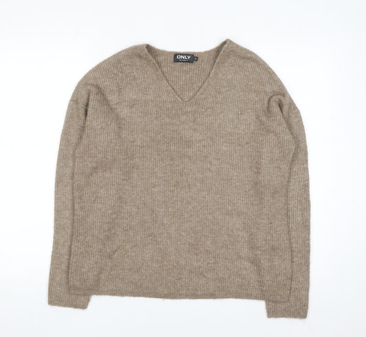 ONLY Womens Beige V-Neck Ribbed Knit Long Sleeve Pullover Jumper XL