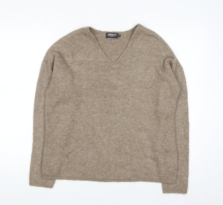 ONLY Womens Beige V-Neck Ribbed Knit Long Sleeve Pullover Jumper XL