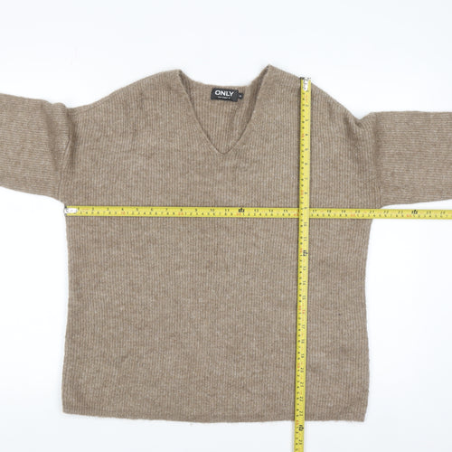 ONLY Womens Beige V-Neck Ribbed Knit Long Sleeve Pullover Jumper XL