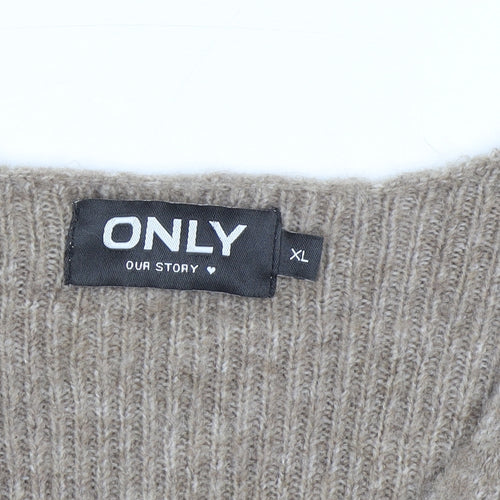 ONLY Womens Beige V-Neck Ribbed Knit Long Sleeve Pullover Jumper XL
