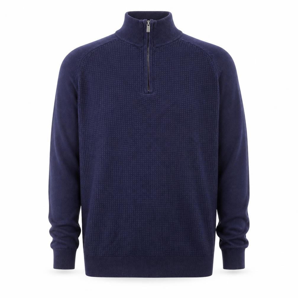 Front view of Fairlane & Sons Men’s Blue Cotton 1/2 Zip Jumper, size S