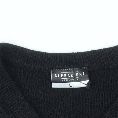 Alphar One Mens Black V-Neck Acrylic Jumper L Long Sleeve Classic Knit
