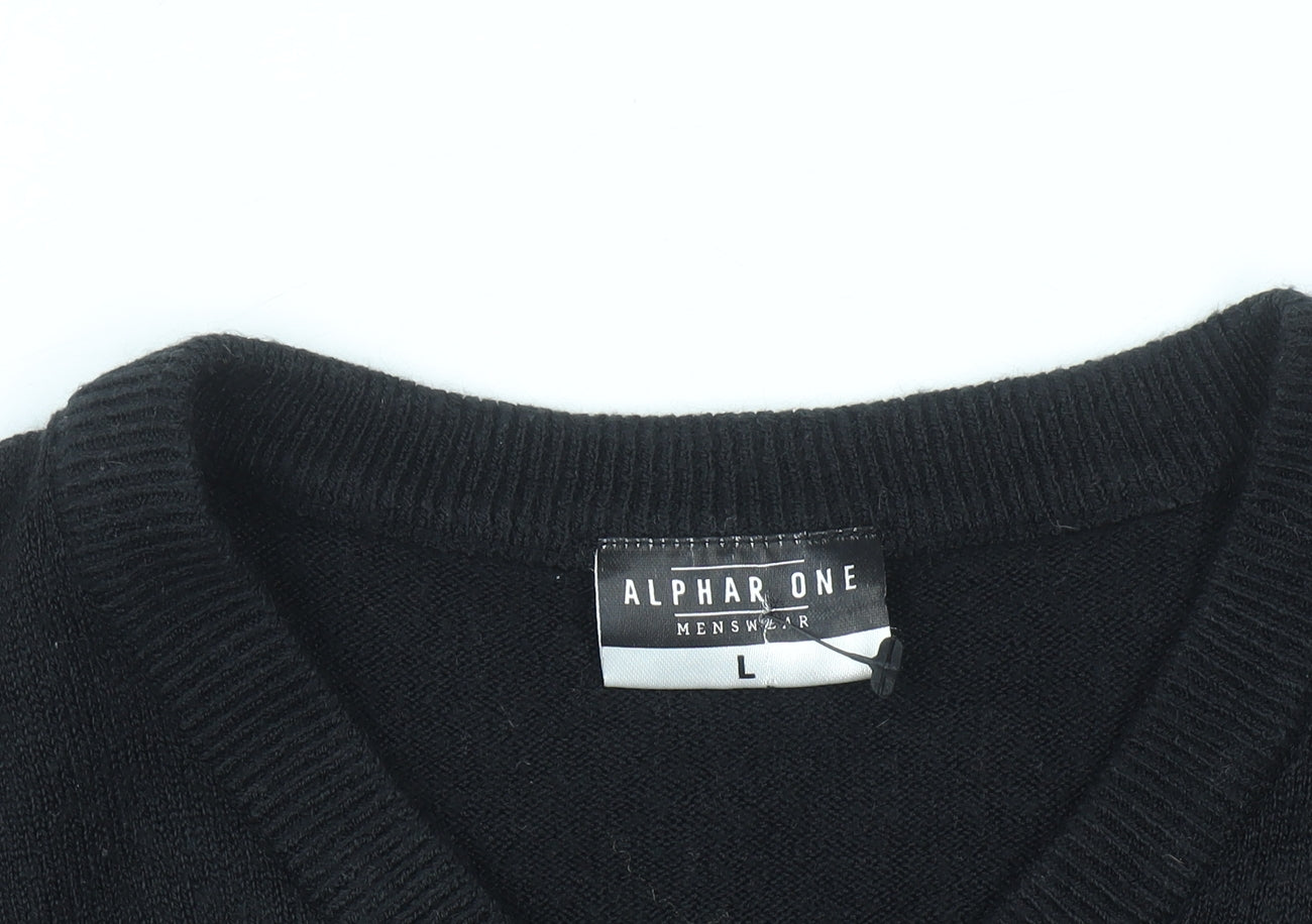 Alphar One Mens Black V-Neck Acrylic Jumper L Long Sleeve Classic Knit
