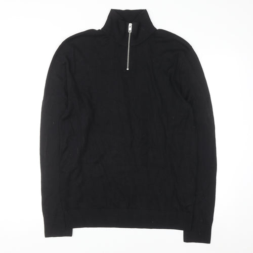 Jack & Jones Men's Black 1/2 Zip High Neck Cotton Jumper Size M