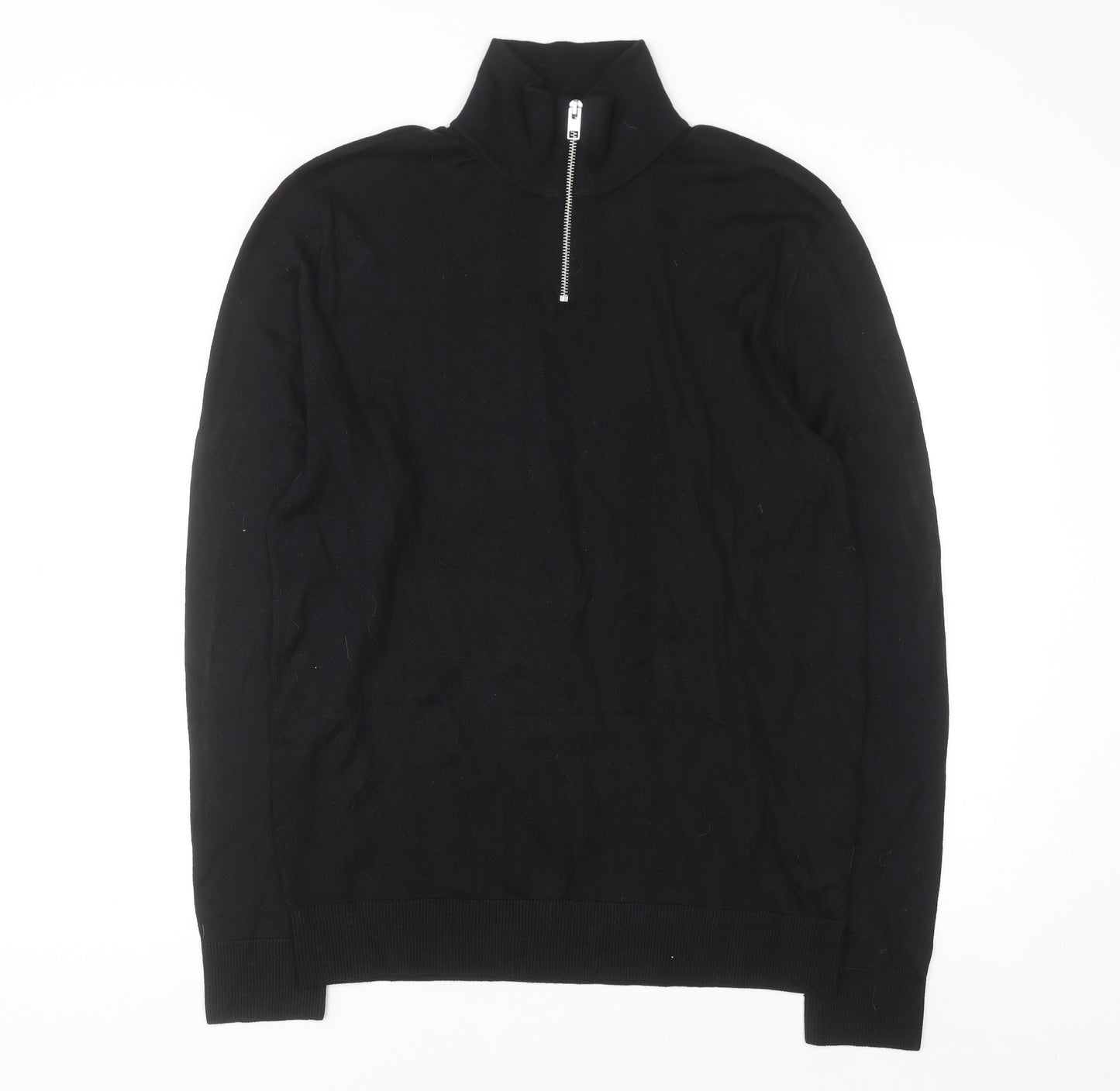 Jack & Jones Men's Black 1/2 Zip High Neck Cotton Jumper Size M