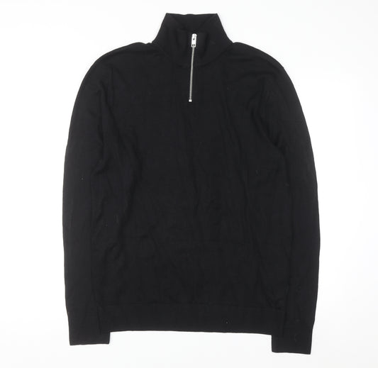 Jack & Jones Men's Black 1/2 Zip High Neck Cotton Jumper Size M