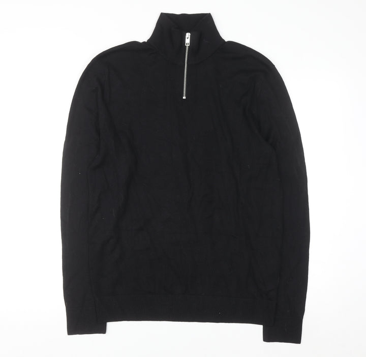 Jack & Jones Men's Black 1/2 Zip High Neck Cotton Jumper Size M