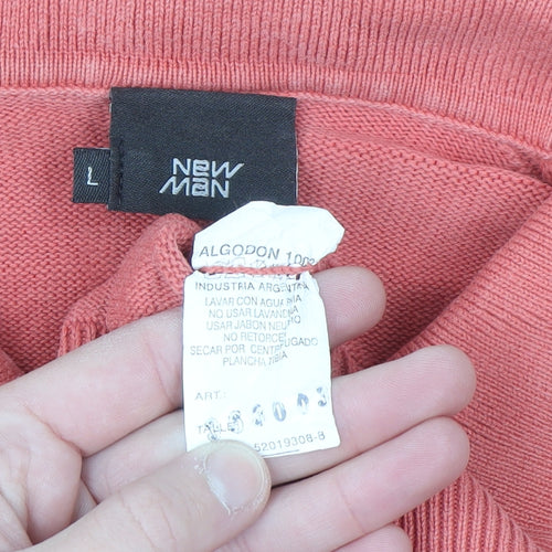 New Man Men's Pink Cotton Collared Henley Jumper Size L