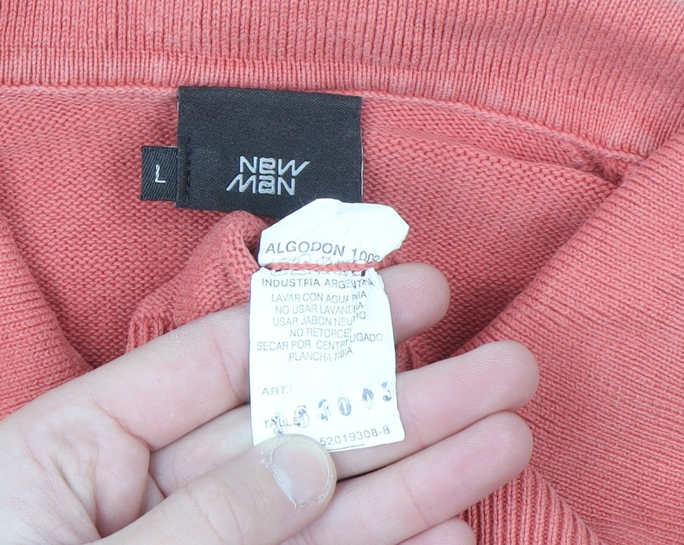 New Man Men's Pink Cotton Collared Henley Jumper Size L