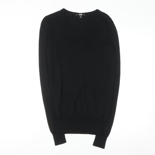 Uniqlo Men Black Wool V-Neck Pullover Jumper Size S