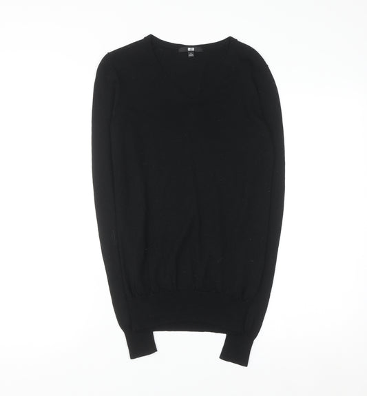 Uniqlo Men Black Wool V-Neck Pullover Jumper Size S