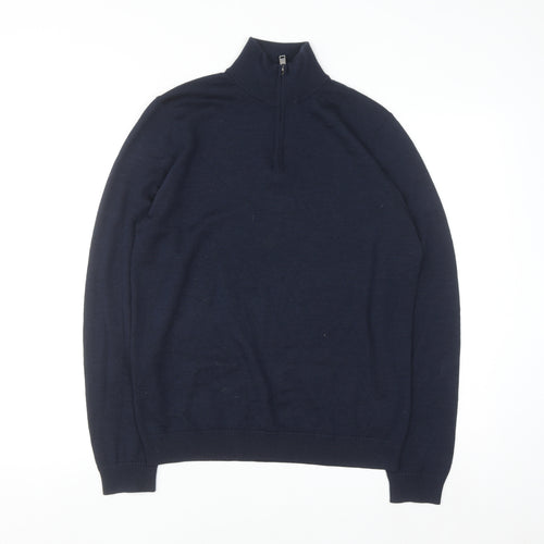 Jaeger Men's Blue Merino Wool Silk Half Zip High Neck Jumper Size S