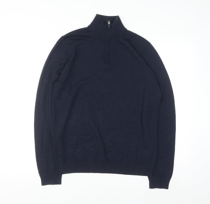 Jaeger Men's Blue Merino Wool Silk Half Zip High Neck Jumper Size S