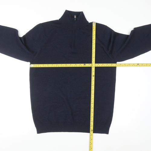Jaeger Men's Blue Merino Wool Silk Half Zip High Neck Jumper Size S