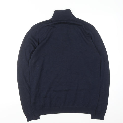 Jaeger Men's Blue Merino Wool Silk Half Zip High Neck Jumper Size S