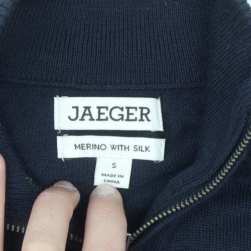 Jaeger Men's Blue Merino Wool Silk Half Zip High Neck Jumper Size S