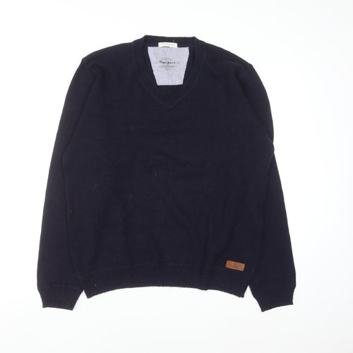 Pepe Jeans Men's Blue Wool Cotton V-Neck Jumper Size L
