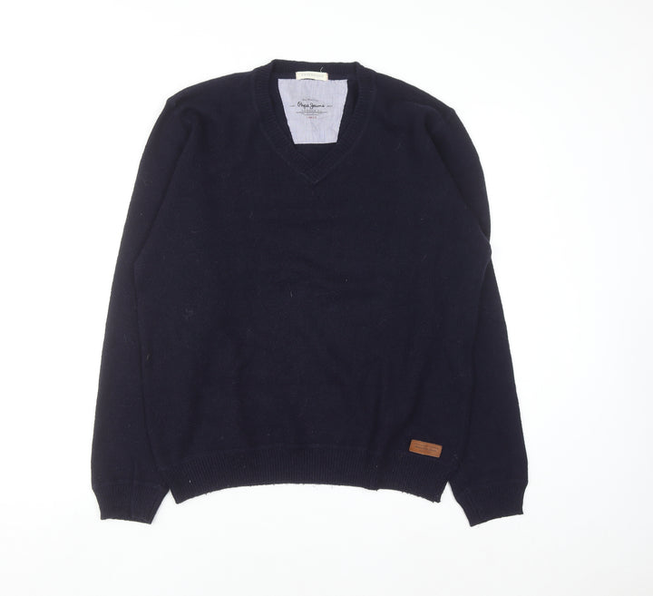 Pepe Jeans Men's Blue Wool Cotton V-Neck Jumper Size L