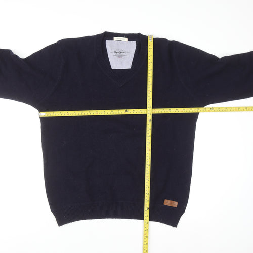 Pepe Jeans Men's Blue Wool Cotton V-Neck Jumper Size L