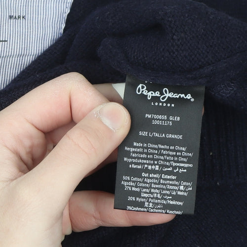 Pepe Jeans Men's Blue Wool Cotton V-Neck Jumper Size L