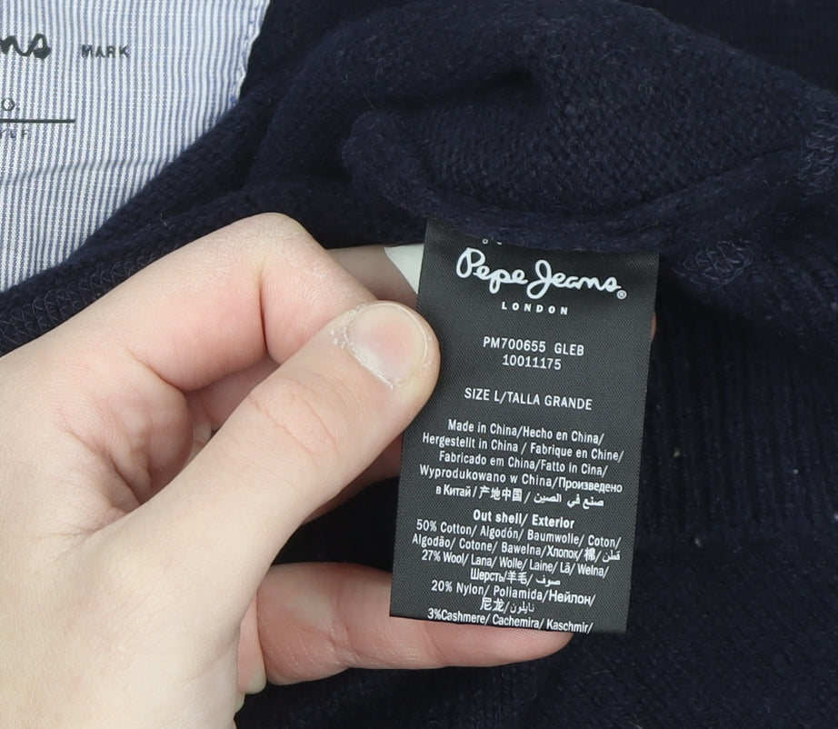 Pepe Jeans Men's Blue Wool Cotton V-Neck Jumper Size L