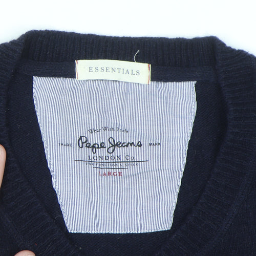Pepe Jeans Men's Blue Wool Cotton V-Neck Jumper Size L