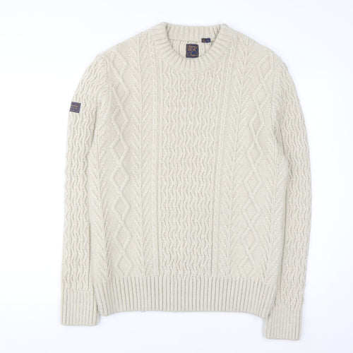 Superdry Men's Beige Cable Knit Wool Jumper L Pullover