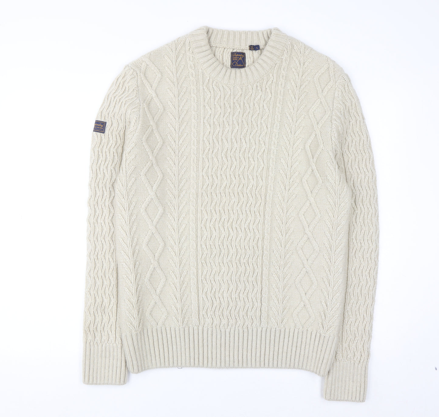 Superdry Men's Beige Cable Knit Wool Jumper L Pullover