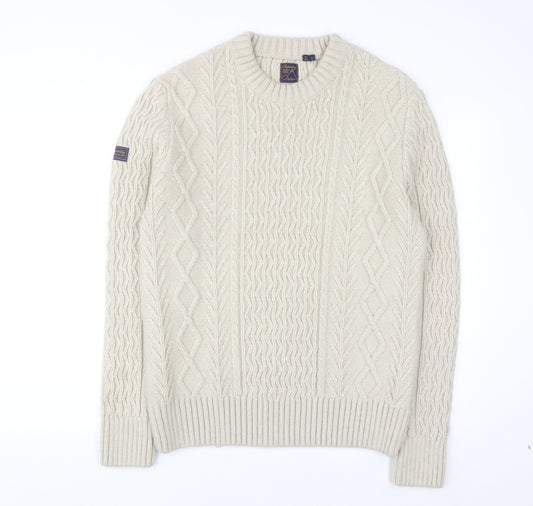 Superdry Men's Beige Cable Knit Wool Jumper L Pullover