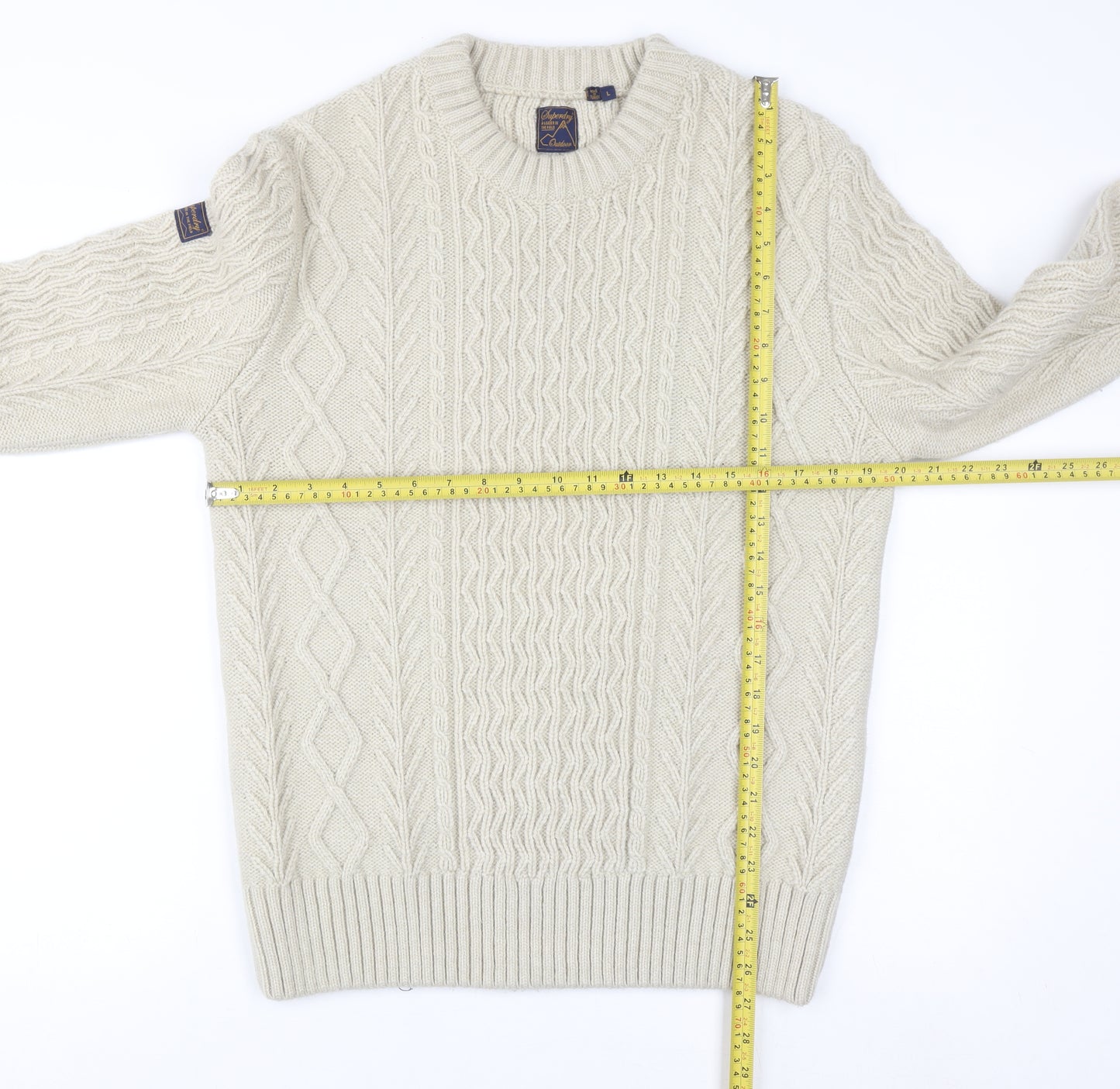 Superdry Men's Beige Cable Knit Wool Jumper L Pullover