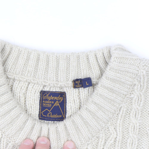Superdry Men's Beige Cable Knit Wool Jumper L Pullover