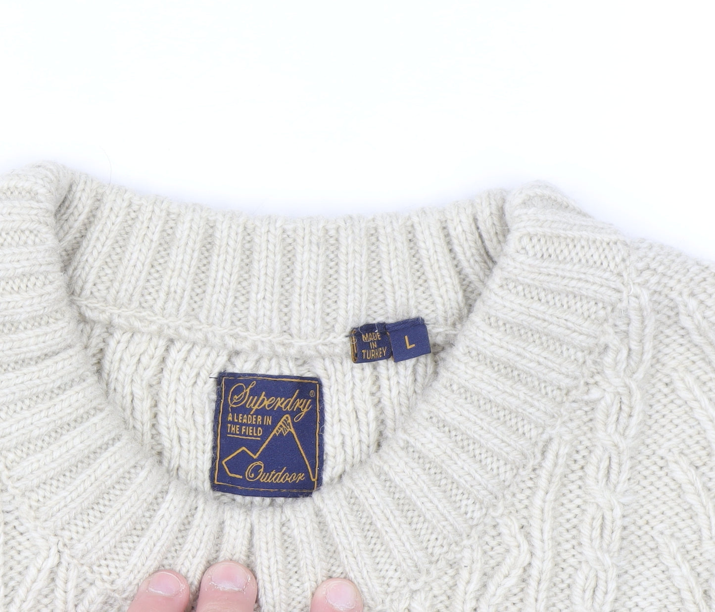 Superdry Men's Beige Cable Knit Wool Jumper L Pullover