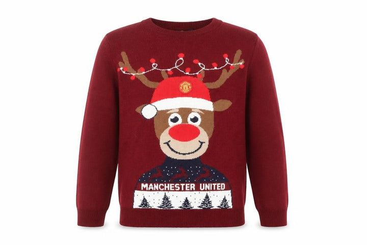 Front view of Manchester United boys’ red christmas reindeer crew neck jumper 12-13 years