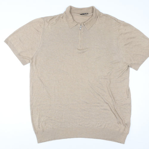 boohooMAN Men's Beige 3XL Collared 1/4 Zip Short Sleeve Jumper