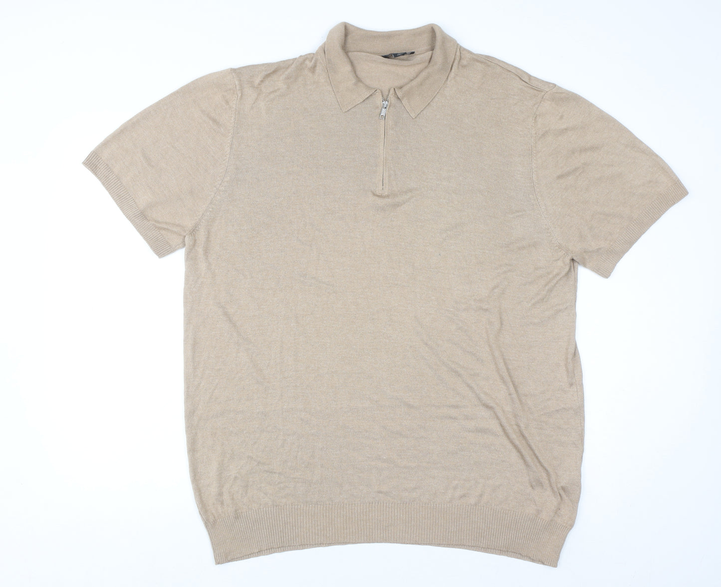 boohooMAN Men's Beige 3XL Collared 1/4 Zip Short Sleeve Jumper