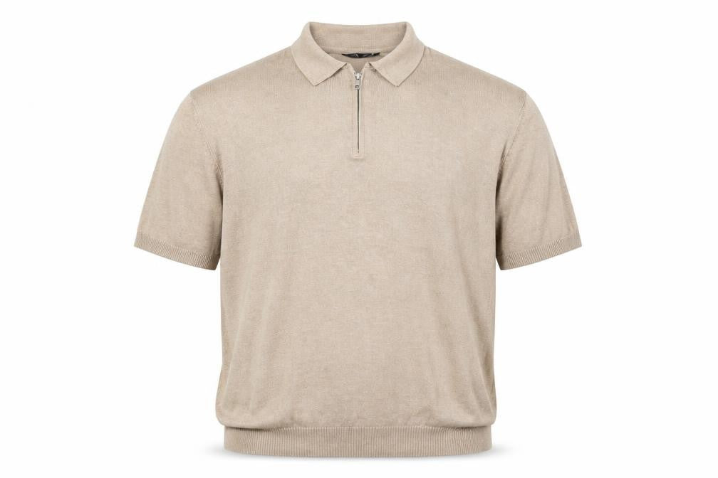 Front view of boohooMAN Men's Beige 3XL Collared 1/4 Zip Short Sleeve Jumper
