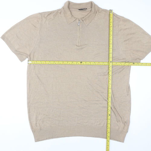 boohooMAN Men's Beige 3XL Collared 1/4 Zip Short Sleeve Jumper