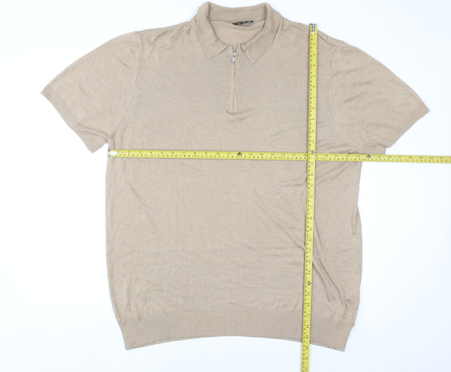 boohooMAN Men's Beige 3XL Collared 1/4 Zip Short Sleeve Jumper